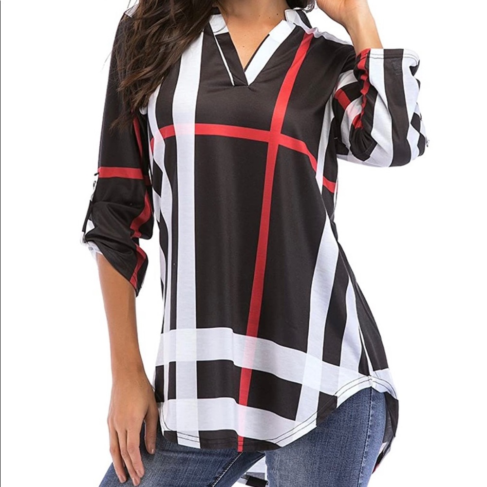 Roll-Up 3/4 Sleeve Plaid Shirt Tunic
